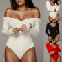 Women Sexy Long Sleeve Knitted Romper Stretch Leotard V Neck Off Shoulder Bodysuit