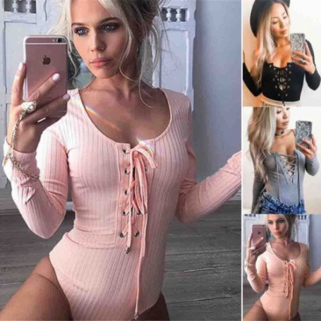 AU 2018 New Fashion Hot Sexy Women Sexy Long Sleeve Shirt Jumpsuit Bodysuit Stretch Leotard Pure Color Top