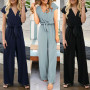 Women V Neck Simple Chic Jumpsuit Fashion Short Sleeve Solid Straight High Street Overall Trouser