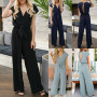 Women V Neck Simple Chic Jumpsuit Fashion Short Sleeve Solid Straight High Street Overall Trouser