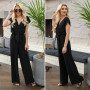 Women V Neck Simple Chic Jumpsuit Fashion Short Sleeve Solid Straight High Street Overall Trouser