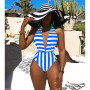 Women Striped Sleeveless Deep V-Neck One Peice Swimsuit