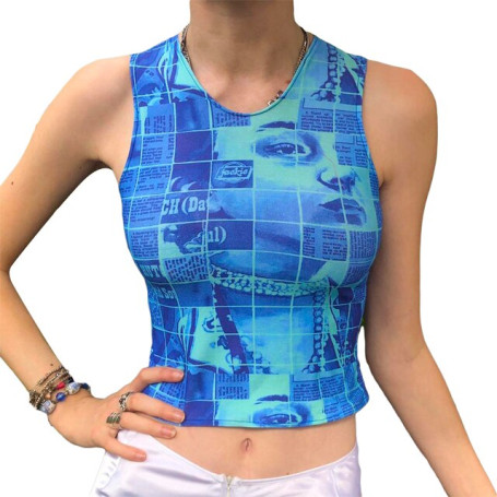 Print Tank Top Sleeveless Round Neck Wide Straps