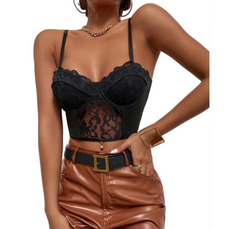 Women Camisole Solid Color Lace Cutout