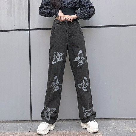 Butterfly Pattern Denim Pants Women  Streetwear