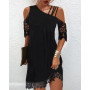 Summer Woman Chic Contrast Lace Cold Shoulder Plain Casual Half Sleeve Mini Dress Daily