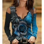 New Fashion Women Luxury Skinny Rose T-Shirt Flower Printed Off-Shoulder Rhinestone Long Sleeve Loose
