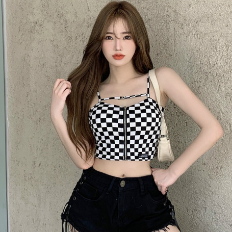 Plaid Zipper Crop Top For Women  Slim