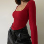 Long Sleeve Red Top Sexy Ribbed Women