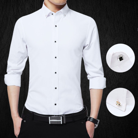 Men's Button-down Long Sleeve Casual Formal Business Dress Shirts Pocket-less Solid Color Slim Fit