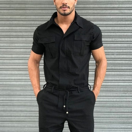 Casual Men's Fashion Overalls Street Wear Jumpsuit Fall Men Short Sleeve Basic Work Coverall Male Pure Color Cargo Overalls