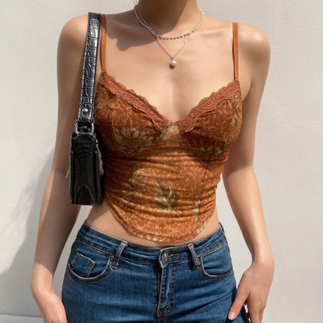 Floral Mesh  Crop Tops Women /Brown Top