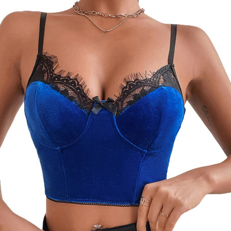 Women Push Up Tank Tops /Blue V-neck Patchwork Lace