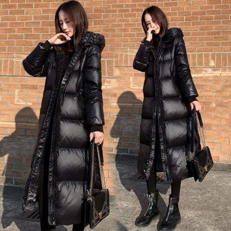 Black Glossy  Coat Women's / Winter Hooded Jacket