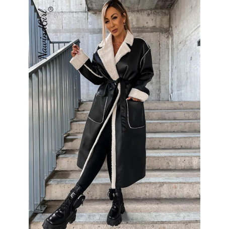 Leather  Collar Overcoat Women/ Warm Long Sleeve  Coat