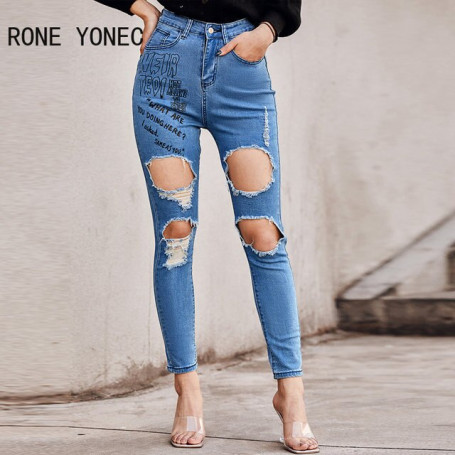 Women Casual Letter Print Cutout  Hole Jeans