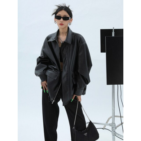 Unisex Black Leather Coats And Jackets Women Long Sleeve/Outerwear