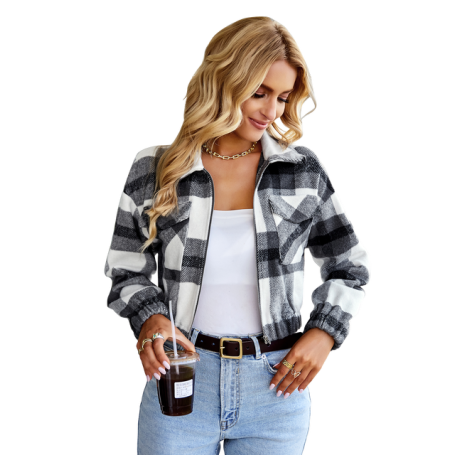 Womens Plaid Jacket Short Tops / Long Sleeve Zipper Jacket