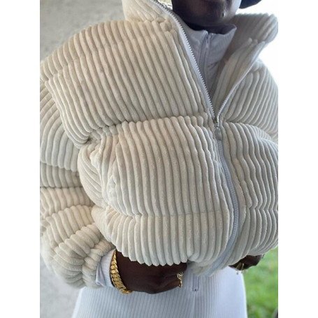 Warm Cotton White Oversize Ribbed Coat Women