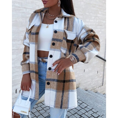 Coat for Women Plaid Print Pocket Button Design/Long Sleeve