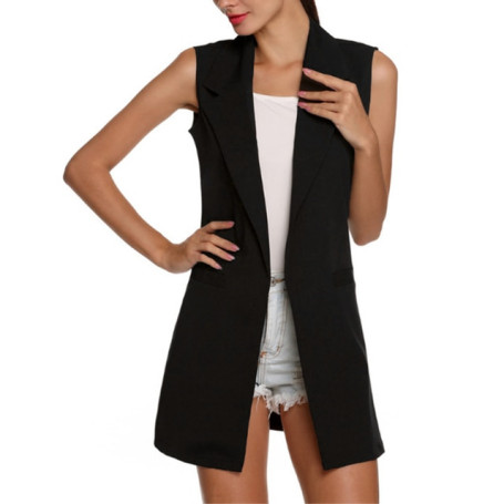 Women Solid Color Sleeveless Slim-Fit Long /Blazer