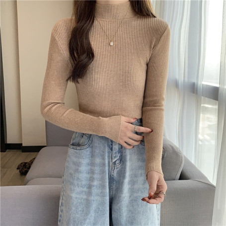 Women Turtleneck Sweater Vintage Solid Basic Knitted Top/For Slim
