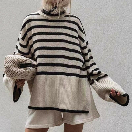 Black And White Striped Turtleneck Sweater