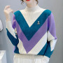 Print Color Contrast Knit Sweater  / Long Sleeve Sweater