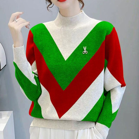 Print Color Contrast Knit Sweater  / Long Sleeve Sweater