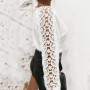 New White Sweater Women V Neck/ Lace Stitching Sleeves