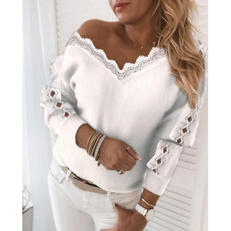 New White Sweater Women V Neck/ Lace Stitching Sleeves