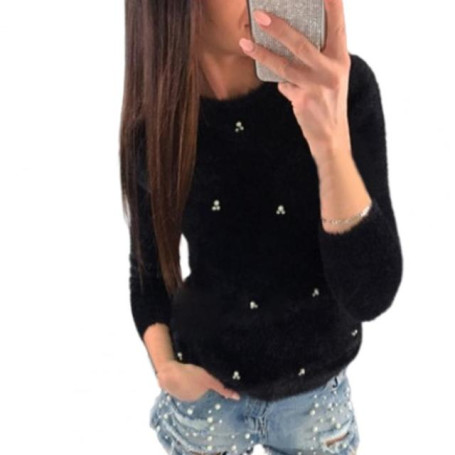 Sweater Top Chic Women Pure Color Beaded