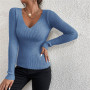 Women Solid Rib Knit V Neck/ Long Sleeve Sweatshirt