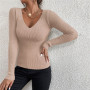 Women Solid Rib Knit V Neck/ Long Sleeve Sweatshirt