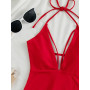 Red Plunge V Neck Bathing Suit Women