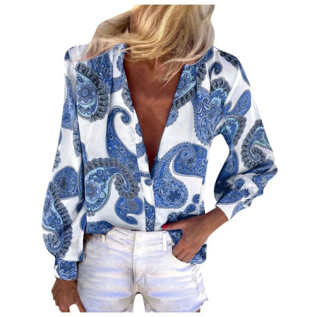 Elegant Women Ladies Fashion Printed V-Neck Button Long Sleeve Blouses