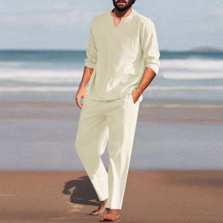 Suite Coats Men Pieces Cotton Linen Set/ Shirt Long Sleeve And Casual Beach Pants Summer