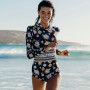 Swimwear Women Print Floral One Piece Swimsuit Long Sleeve Bathing Suit