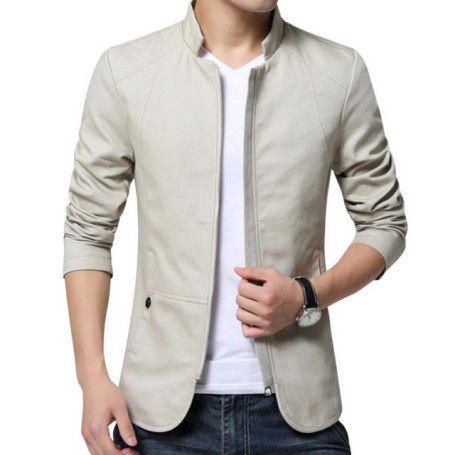 Casual Men Stand Collar Blazer Zipper Closure Pockets Thin Slim Jacket Coat