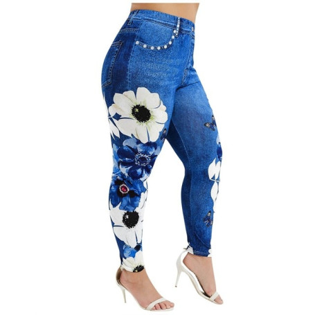 Plus Size Leggings Women Casual Print False Denim High Waist Thights