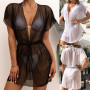 Sexy Women Sheer Bikini Cover Up / See Through Short Sleeve Mini Dress Tops Summer Beach Dress