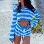 Fashion 2 Pieces Women Trendy Knit Outfit Solid Color Stripe Off Shoulder Crop Tops + Elastic Waist Shorts