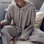 Casual Knitted Two Piece Sets  Hooded Pullover Tops And Pants Outfits Women Long Sleeve Sweater