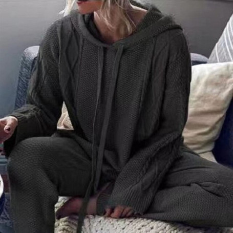 Casual Knitted Two Piece Sets  Hooded Pullover Tops And Pants Outfits Women Long Sleeve Sweater
