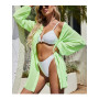 Women Bikini Cover Up Sexy Beach Cardigan Transparent Sheer Solid Long Sleeve Lapel Button Closure Loose Female Shirt Dress