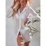 Women Bikini Cover Up Sexy Beach Cardigan Transparent Sheer Solid Long Sleeve Lapel Button Closure Loose Female Shirt Dress