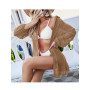 Women Bikini Cover Up Sexy Beach Cardigan Transparent Sheer Solid Long Sleeve Lapel Button Closure Loose Female Shirt Dress