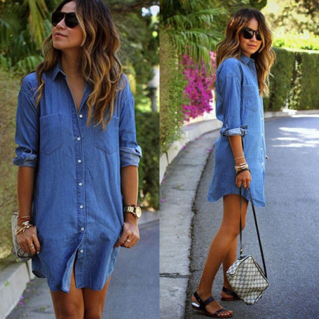 Women Denim Jeans Dress Button Summer Long Sleeves