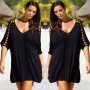 Plus Size Women's Casual Sexy Short Sleeve Loose Hollow Out Lace Up Backless Dress