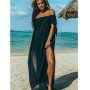 Women Beach Dress Sexy Off Shoulder Tunic Swiming Suit Short Sleeve Solid Cover Up